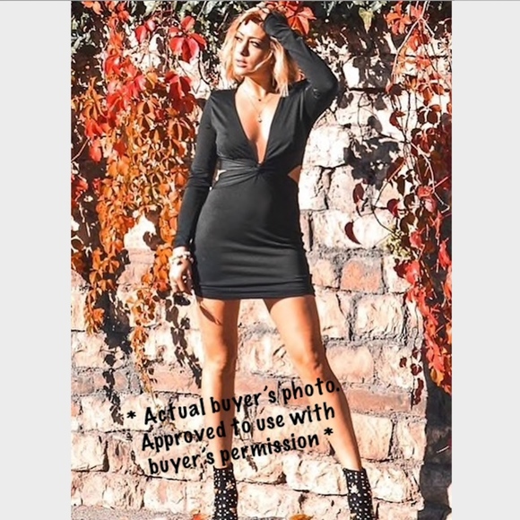 Twist Front V-Neck Bodycon Mini Dress Long Sleeve - Picture 6 of 7